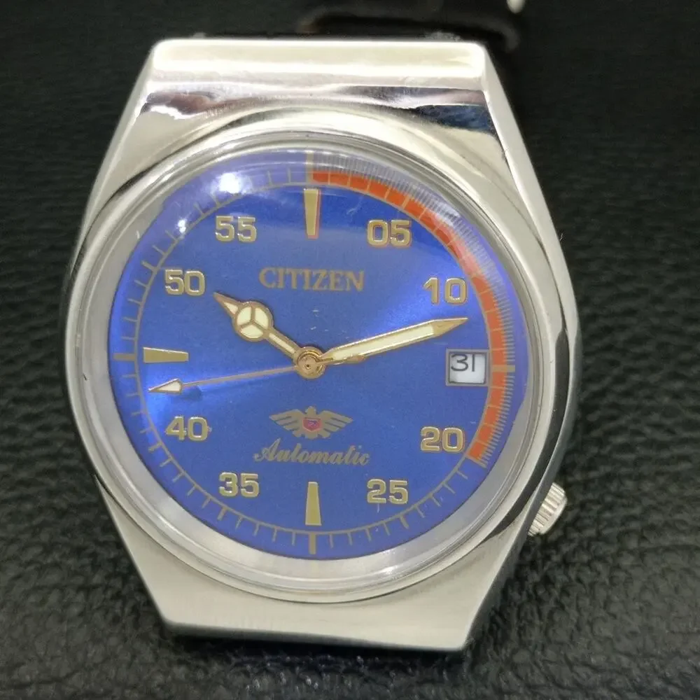Vintage 1986 Citizen Automatic Mens Silver Watch W/daydate & Blue accents